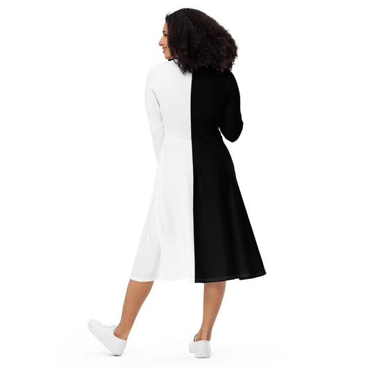Half Black Half White - Womens Long Sleeve Midi Dress - iSAW Company