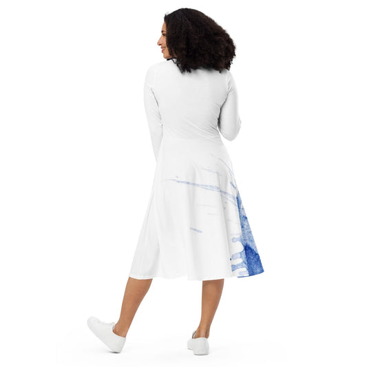 Watercolour Blue Splash - Womens Long Sleeve Midi Dress - iSAW Company
