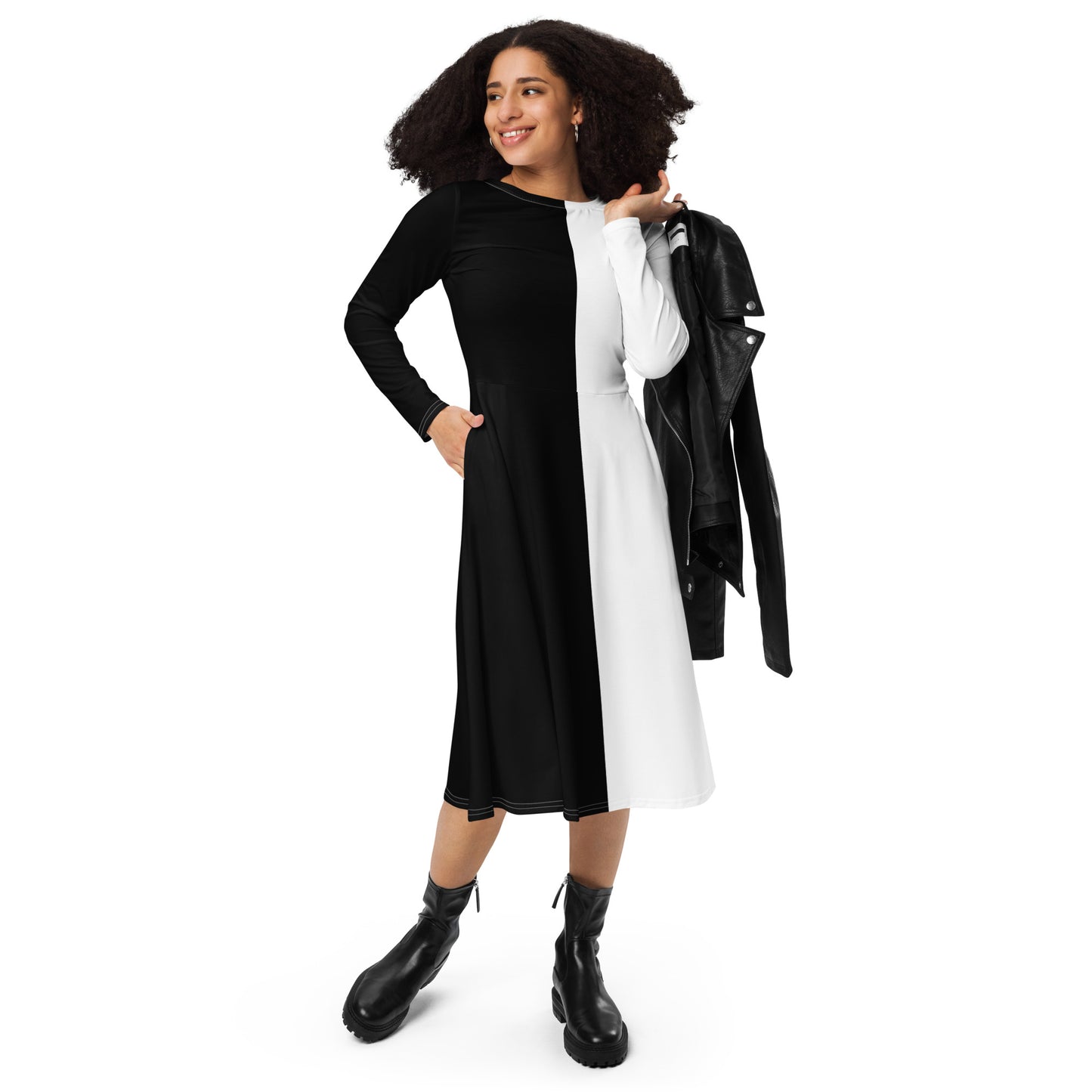 Half Black Half White - Womens Long Sleeve Midi Dress - iSAW Company