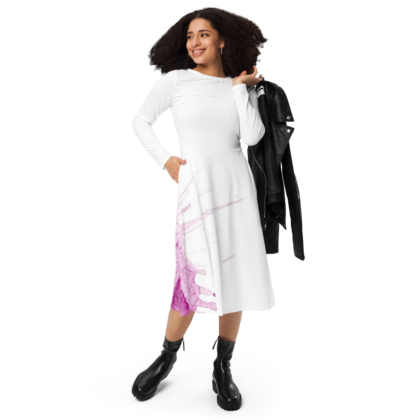 Watercolour Pink Splash - Womens Long Sleeve Midi Dress - iSAW Company