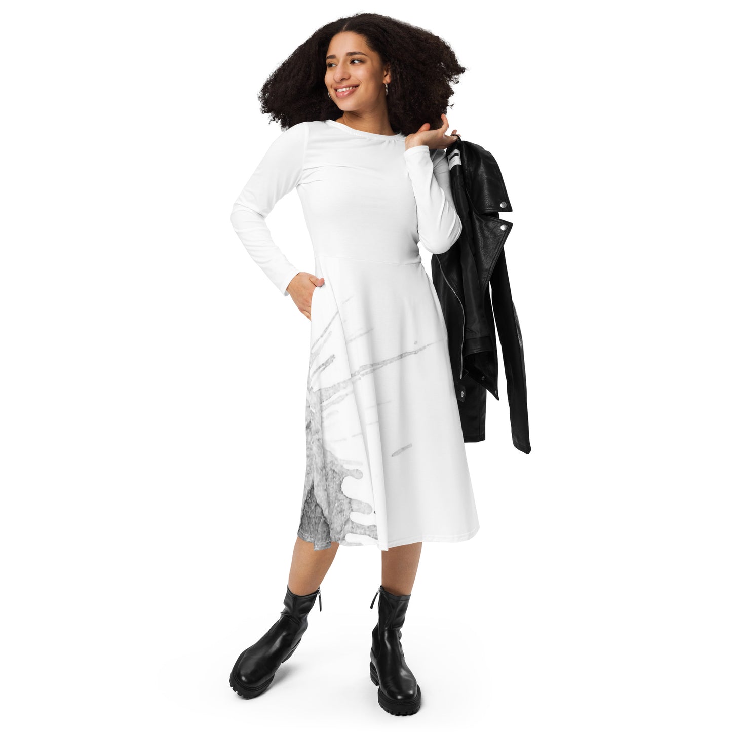 Watercolour Grey Splash - Womens Long Sleeve Midi Dress - iSAW Company