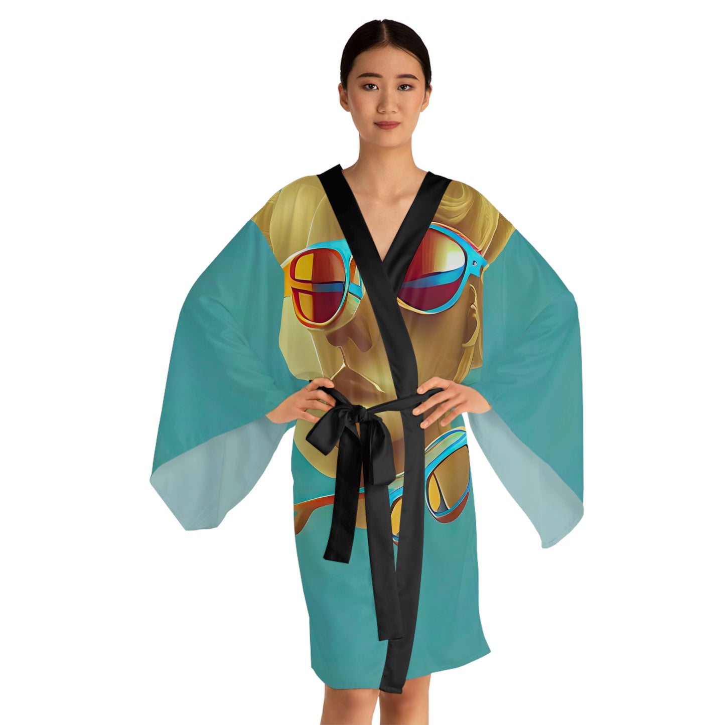 Retro Cool Blue - Womens Long Sleeve Kimono Robe - iSAW Company
