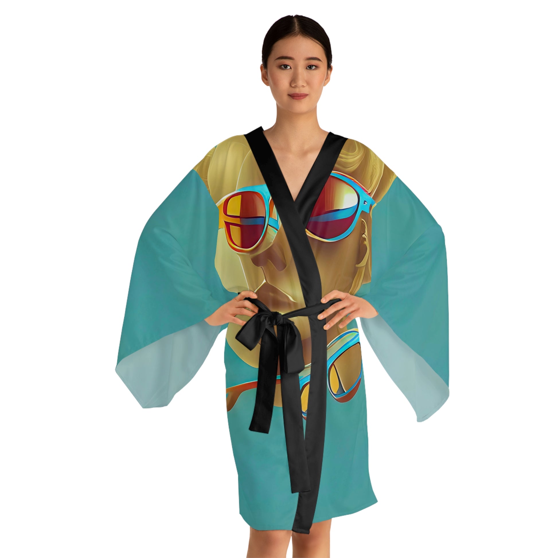 Retro Cool Blue - Womens Long Sleeve Kimono Robe - iSAW Company