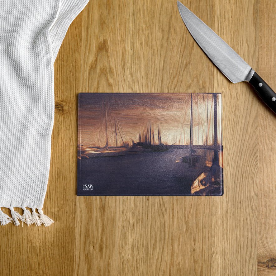 The Sleeping Yachts (at Sunset) - Glass Cutting Board - iSAW Company