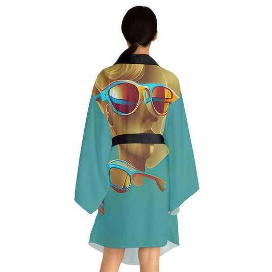 Retro Cool Blue - Womens Long Sleeve Kimono Robe - iSAW Company