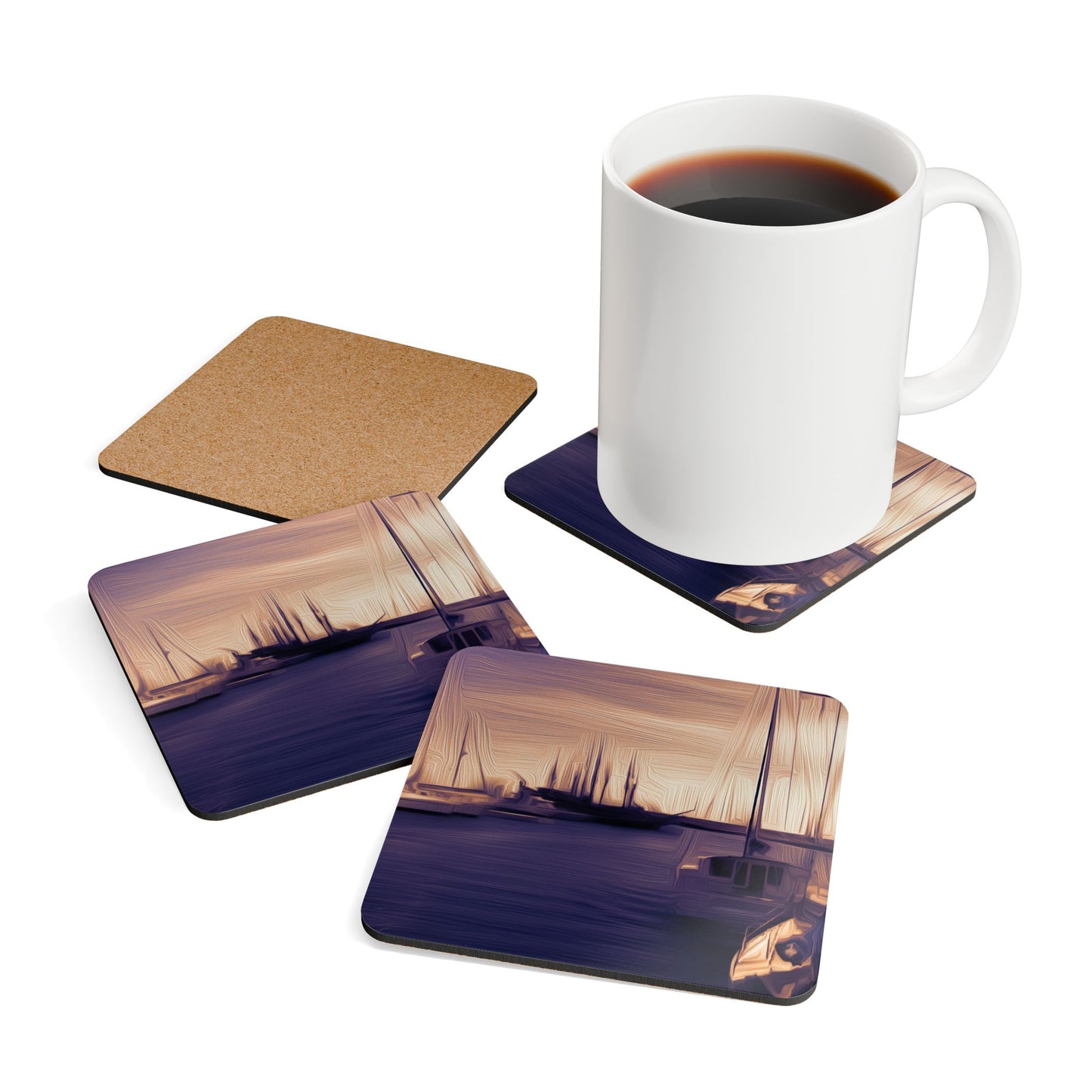 The Sleeping Yachts (at Sunset) - Cork Back Coaster Set - iSAW Company