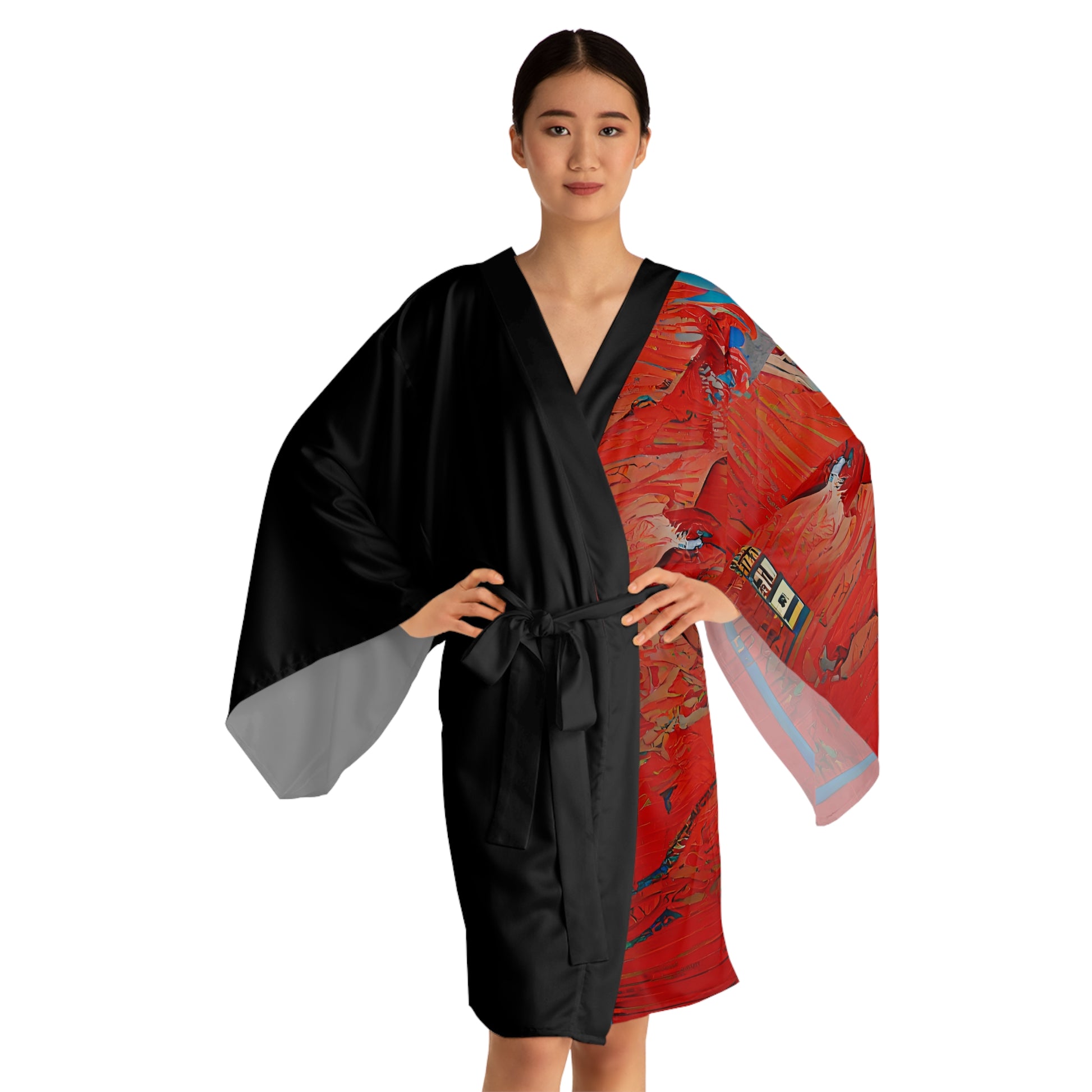 Half Black Half Hónghǎi - Womens Long Sleeve Kimono Robe - iSAW Company
