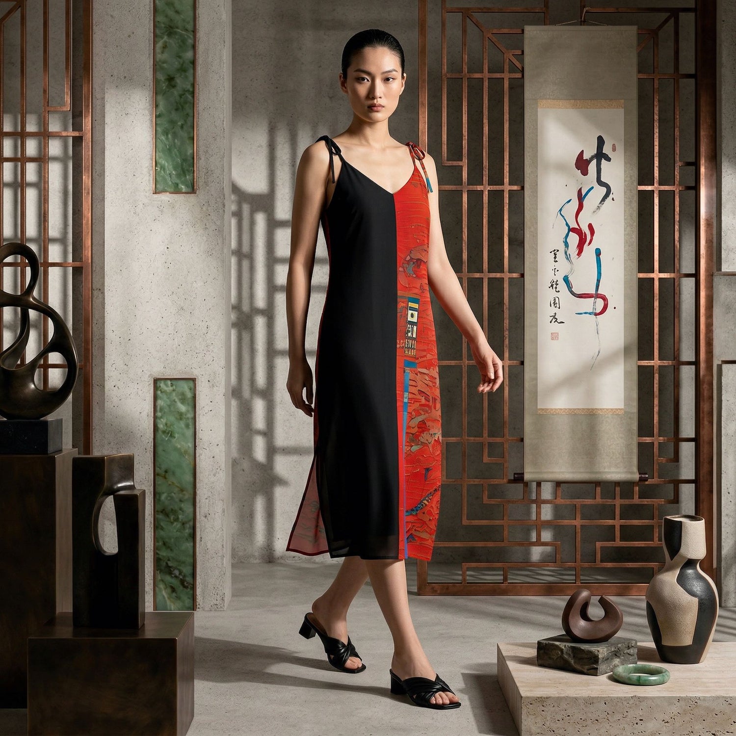 Half Black Half Hónghǎi Womens Chiffon Slip Dress - iSAW Company