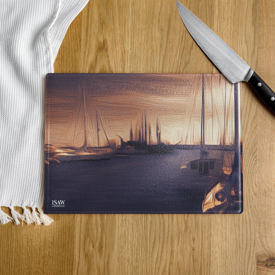 The Sleeping Yachts (at Sunset) - Glass Cutting Board - iSAW Company