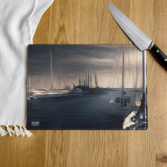 The Sleeping Yachts (at Sunrise) - Glass Cutting Board - iSAW Company