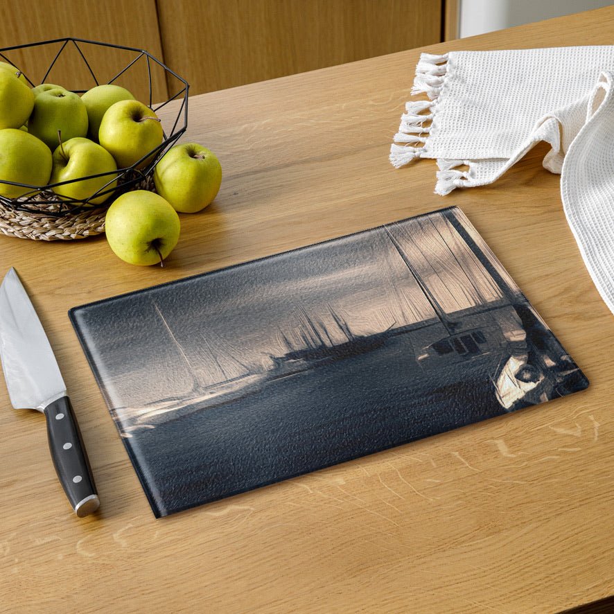 The Sleeping Yachts (at Sunrise) - Glass Cutting Board - iSAW Company