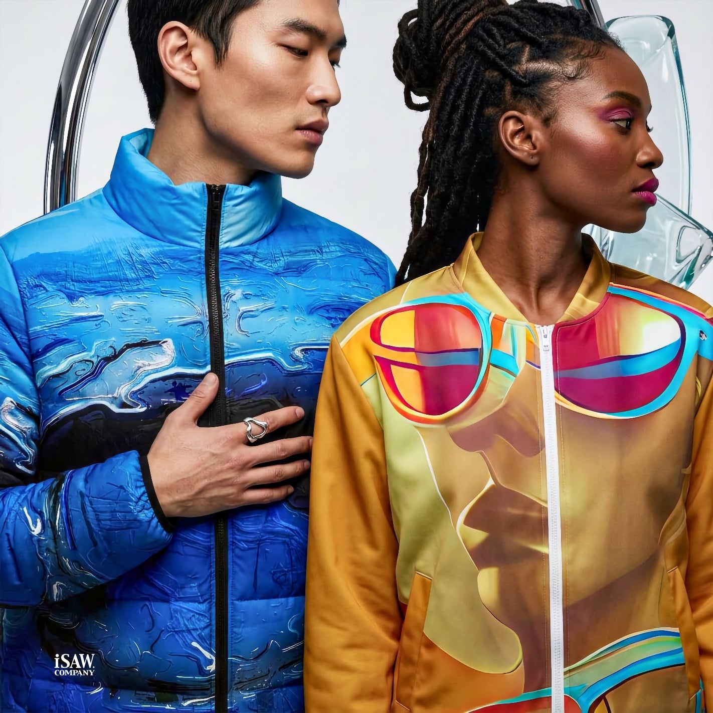 A Drop In The Ocean Mens Puffer Jacket & Retro Cool Orange Womens Bomber Jacket - iSAW Company