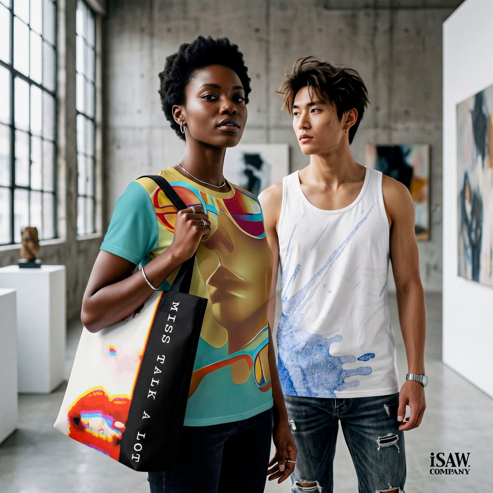Retro Cool Blue Womens T-Shirt - Miss Talk A Lot Tote Bag - Watercolour Blue Splash Mens Tank Top - iSAW Company