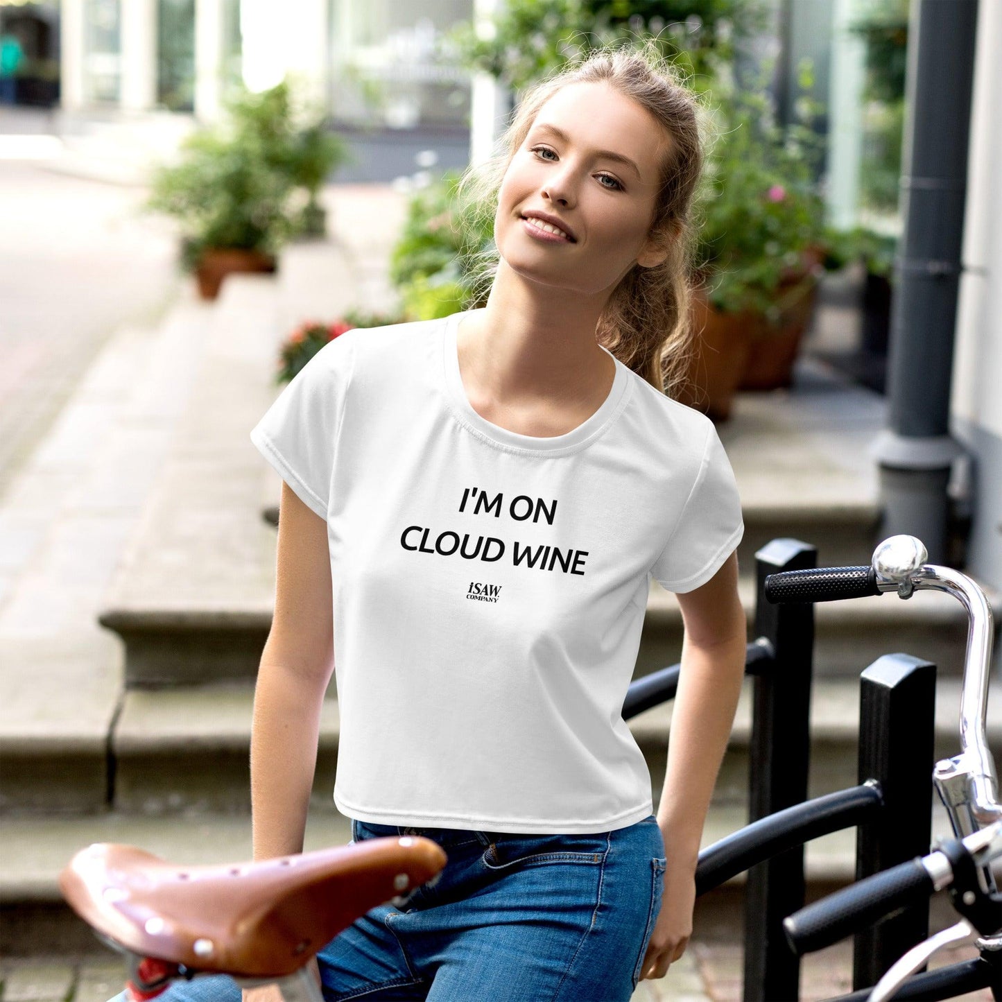 I'm On Cloud Wine - Womens White Crop Tee