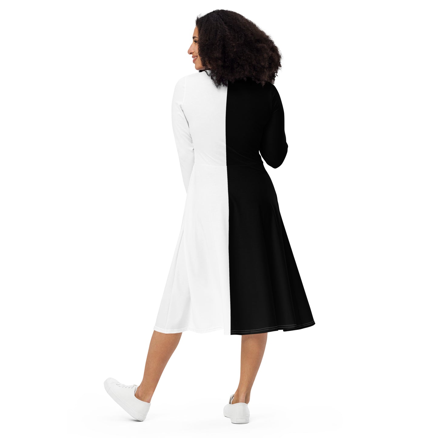 Half Black Half White - Womens Long Sleeve Midi Dress - iSAW Company