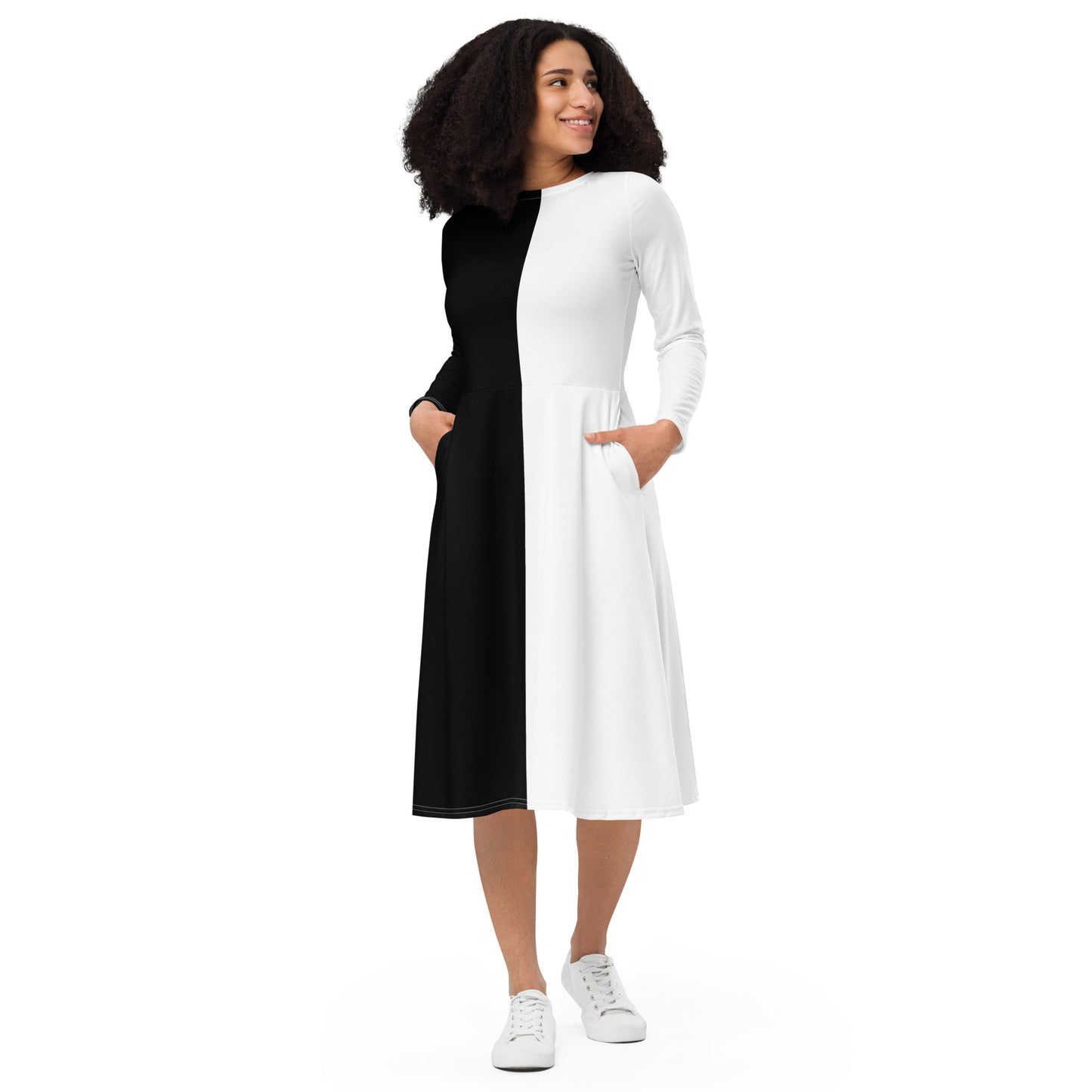 Half Black Half White - Womens Long Sleeve Midi Dress - iSAW Company