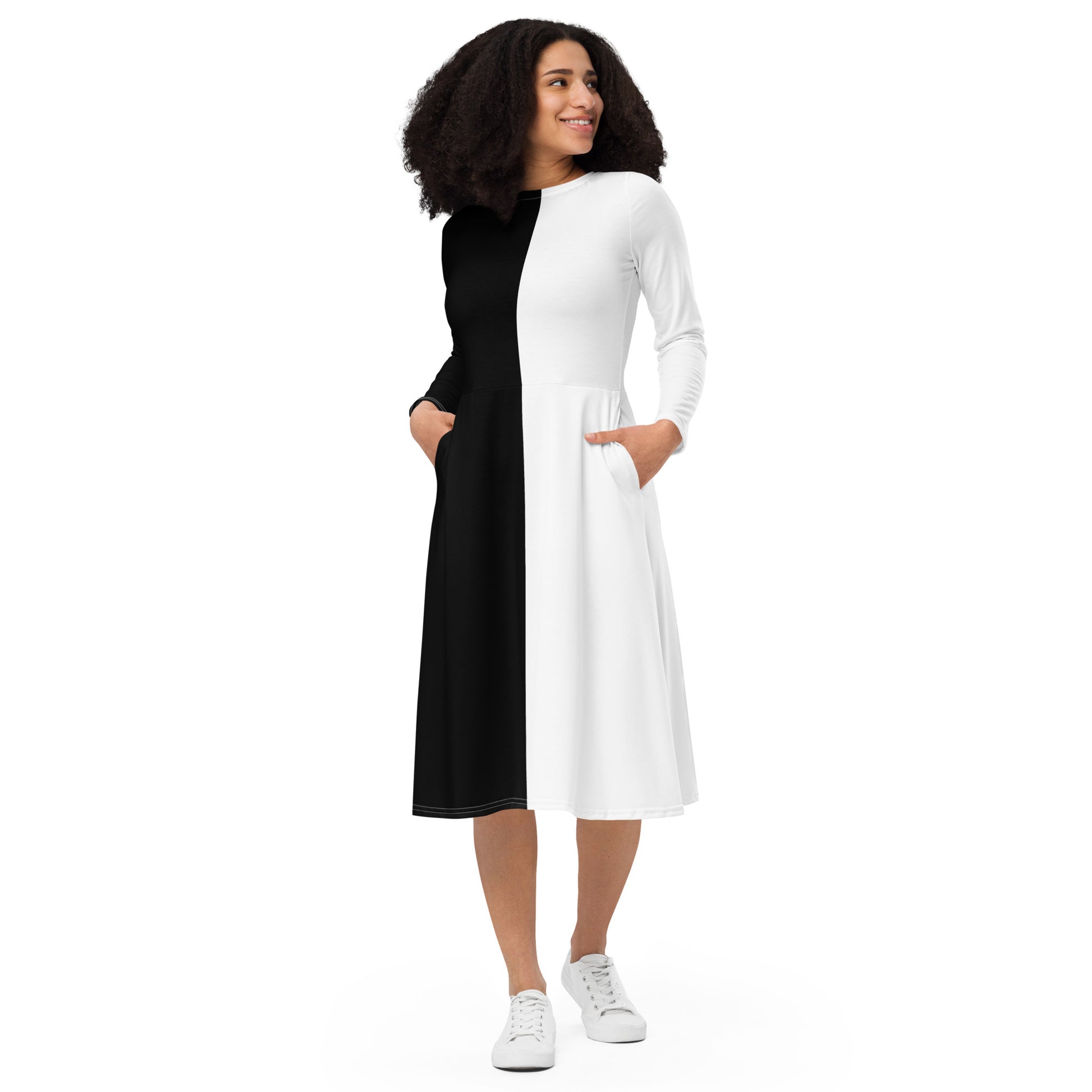 Half Black Half White - Womens Long Sleeve Midi Dress - iSAW Company