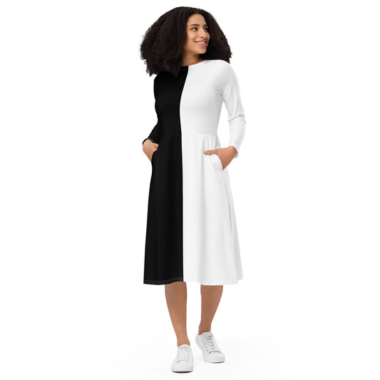 Half Black Half White - Womens Long Sleeve Midi Dress - iSAW Company