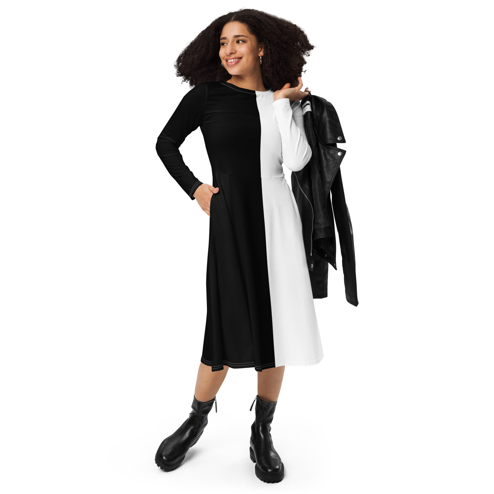 Half Black Half White - Womens Long Sleeve Midi Dress - iSAW Company