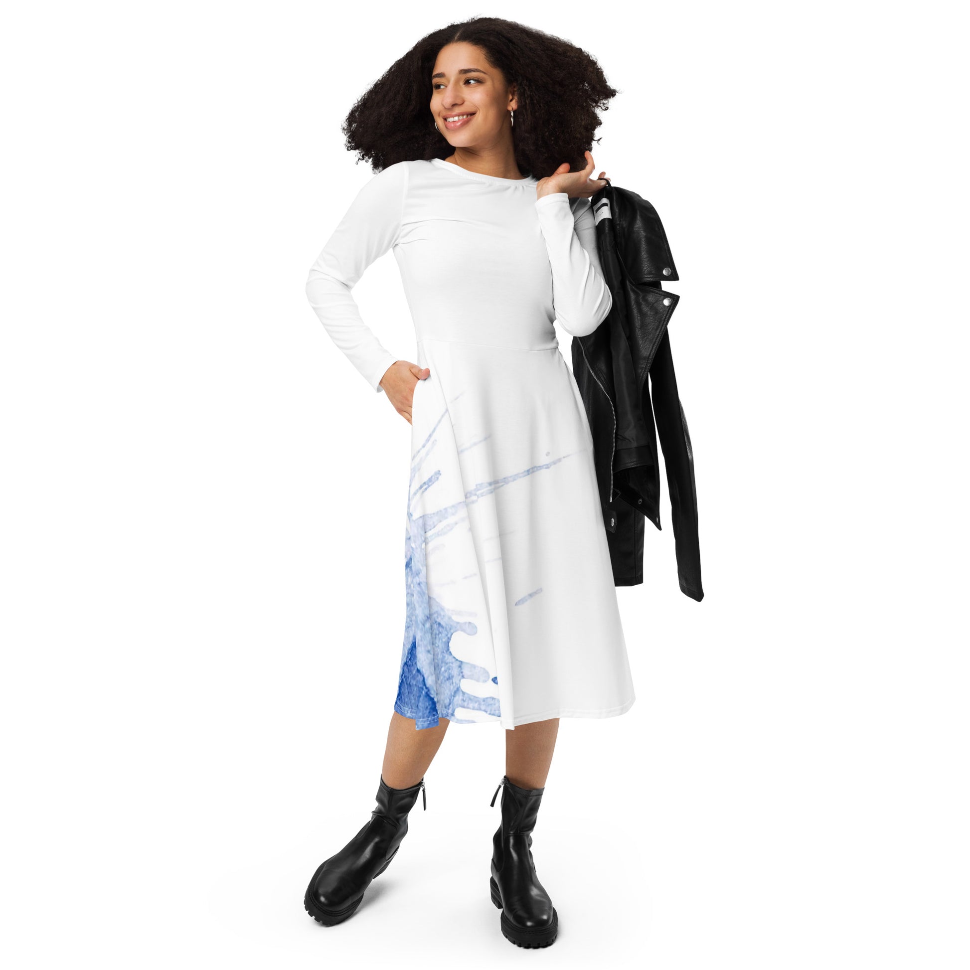 Watercolour Blue Splash - Womens Long Sleeve Midi Dress - iSAW Company