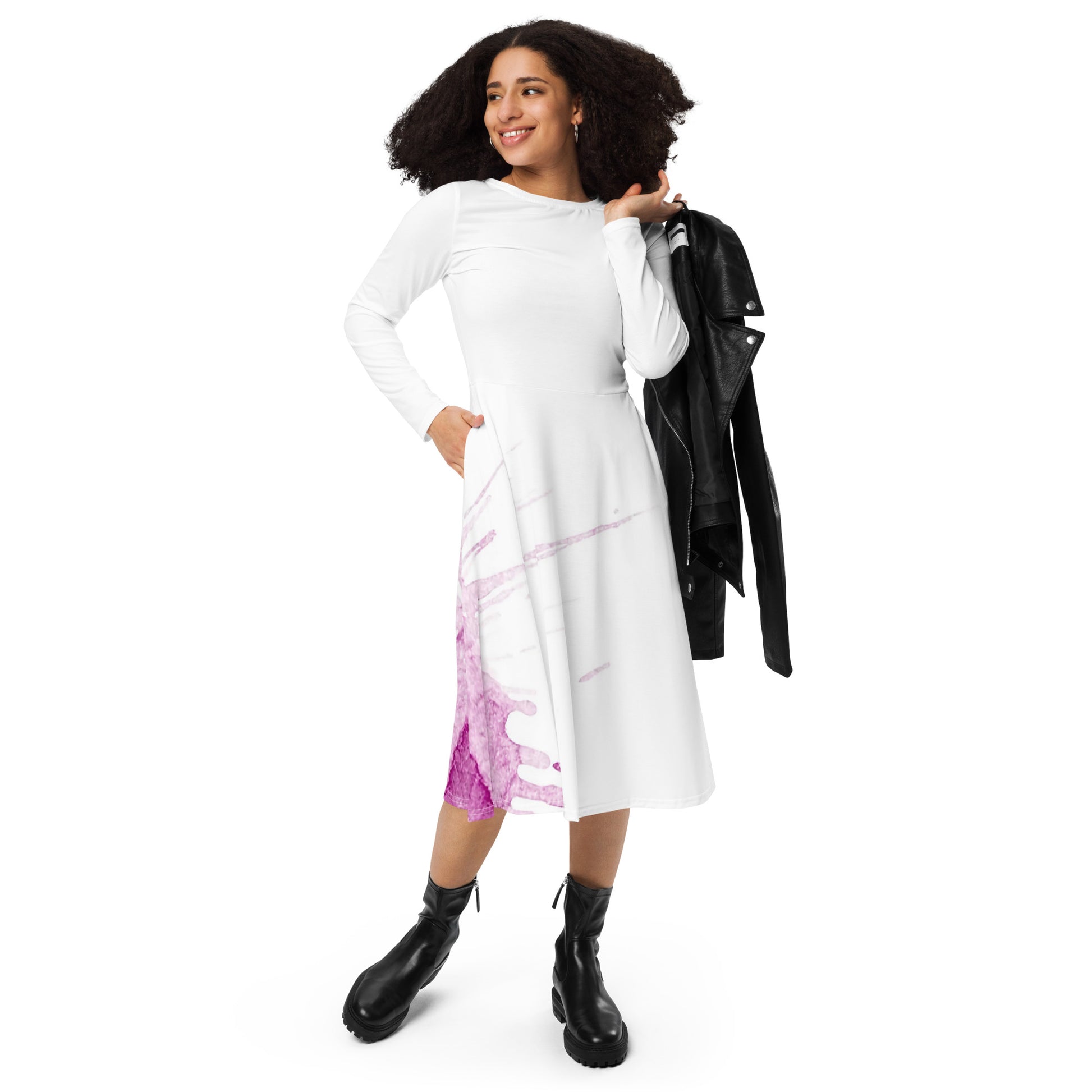 Watercolour Pink Splash - Womens Long Sleeve Midi Dress - iSAW Company