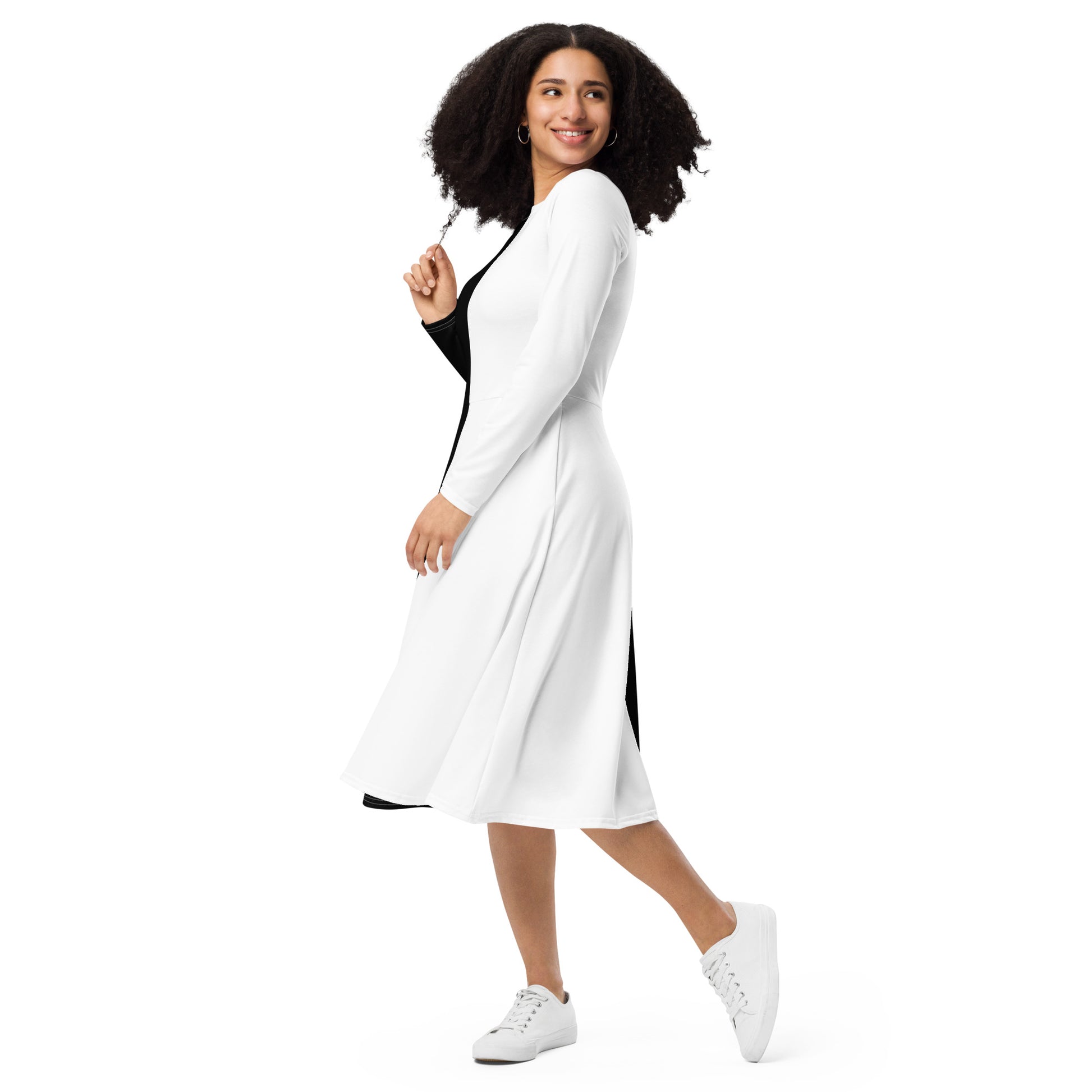 Half Black Half White - Womens Long Sleeve Midi Dress - iSAW Company