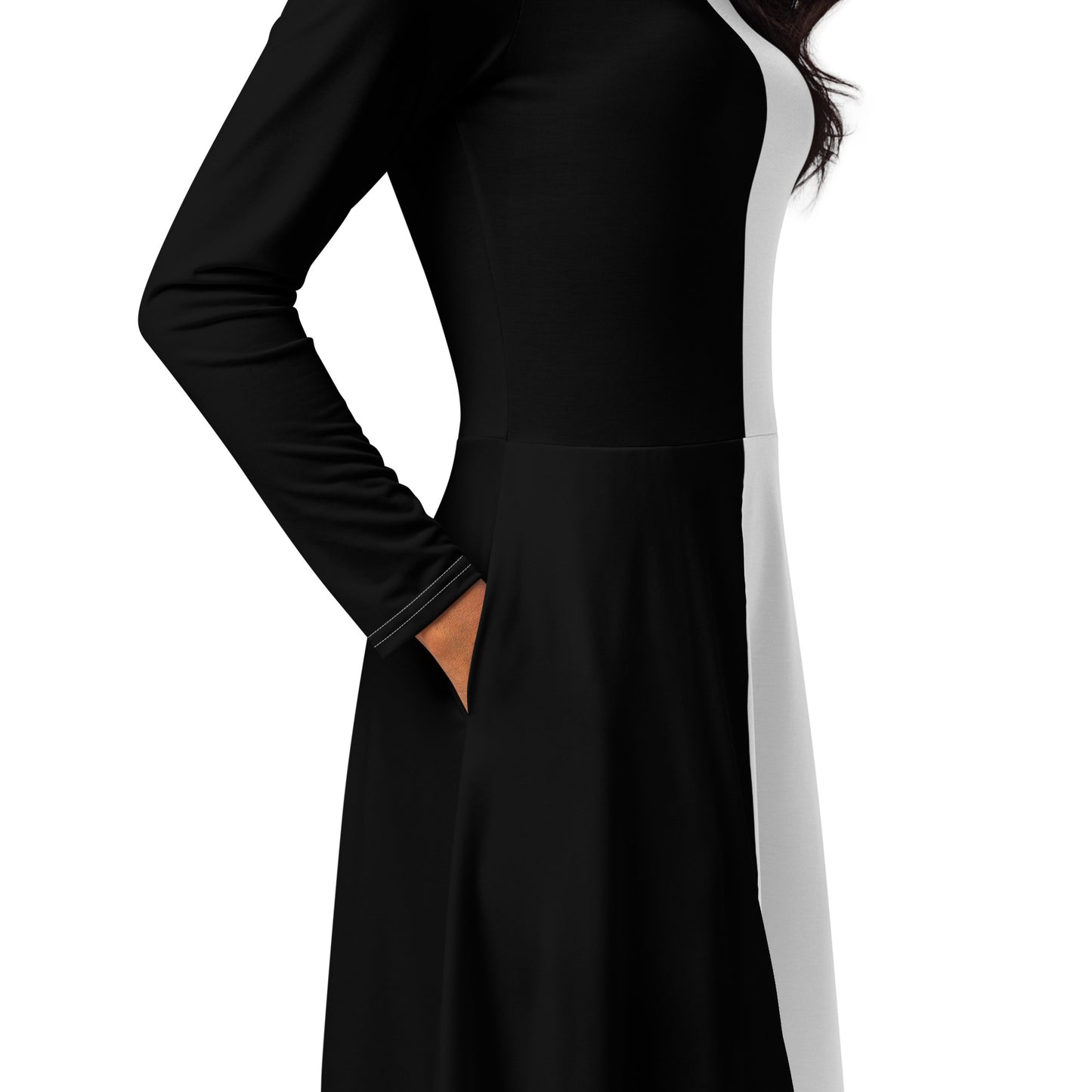 Half Black Half White - Womens Long Sleeve Midi Dress - iSAW Company