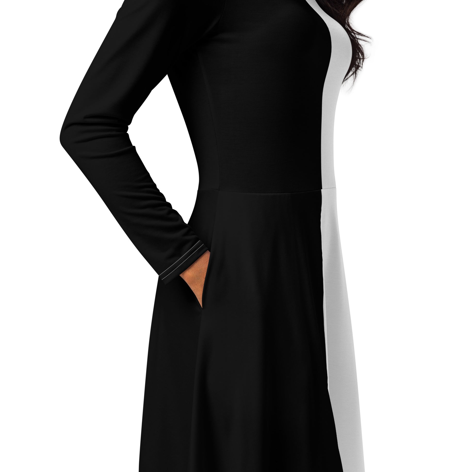 Half Black Half White - Womens Long Sleeve Midi Dress - iSAW Company