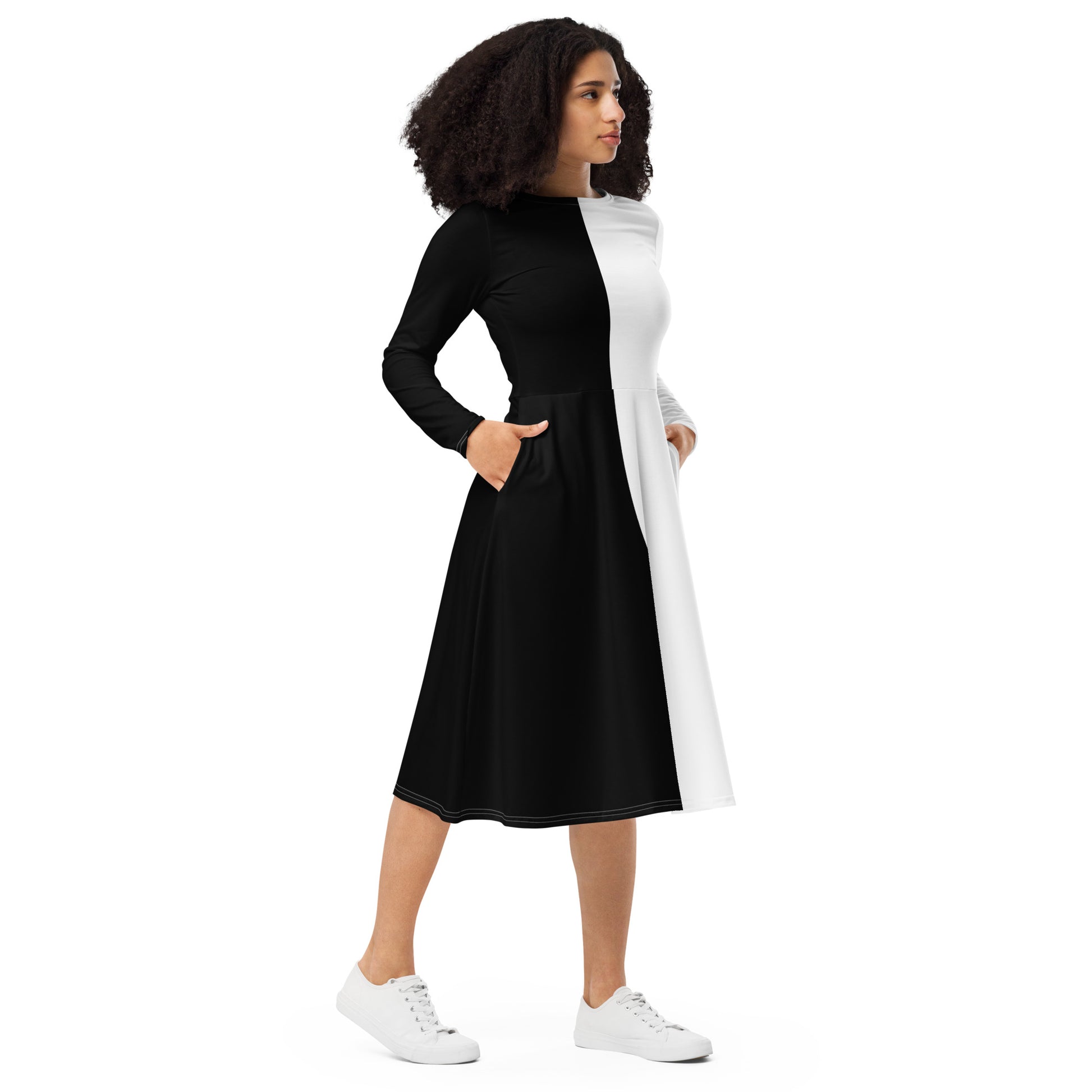 Half Black Half White - Womens Long Sleeve Midi Dress - iSAW Company
