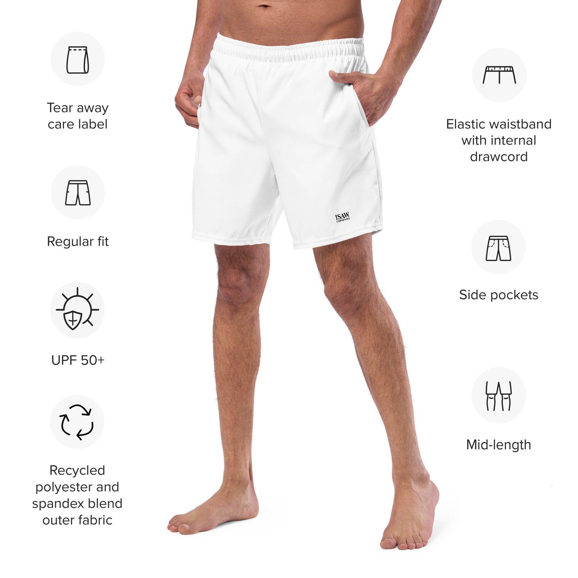 iSAW Mens White Swim Trunks - iSAW Company