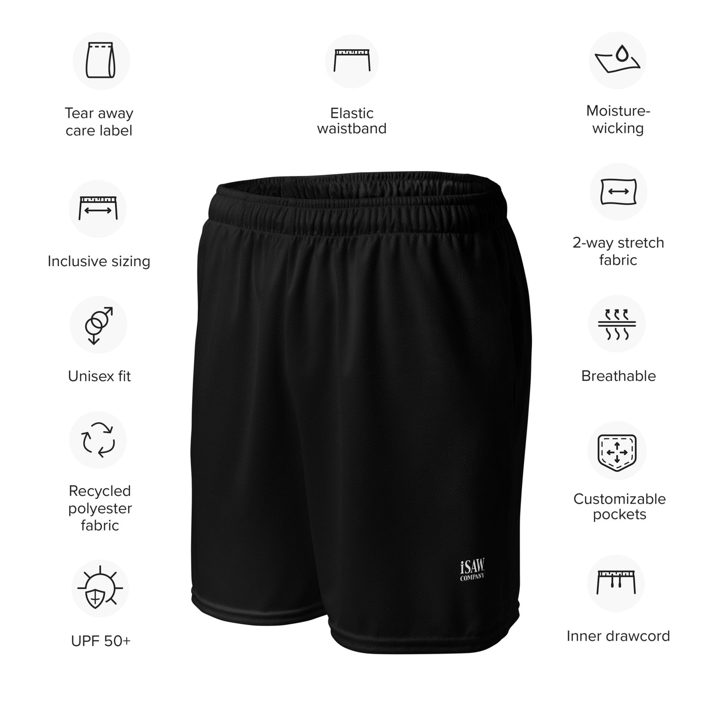 iSAW Unisex Black Mesh Shorts - iSAW Company