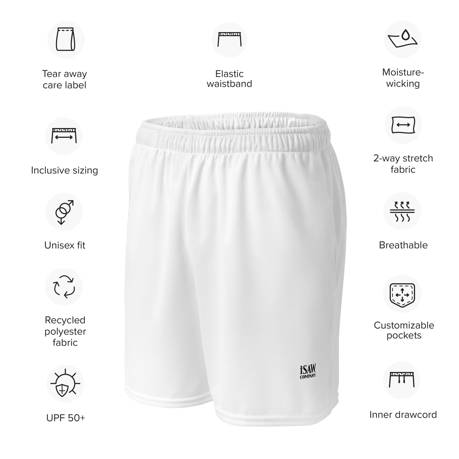 iSAW Unisex White Mesh Shorts - iSAW Company