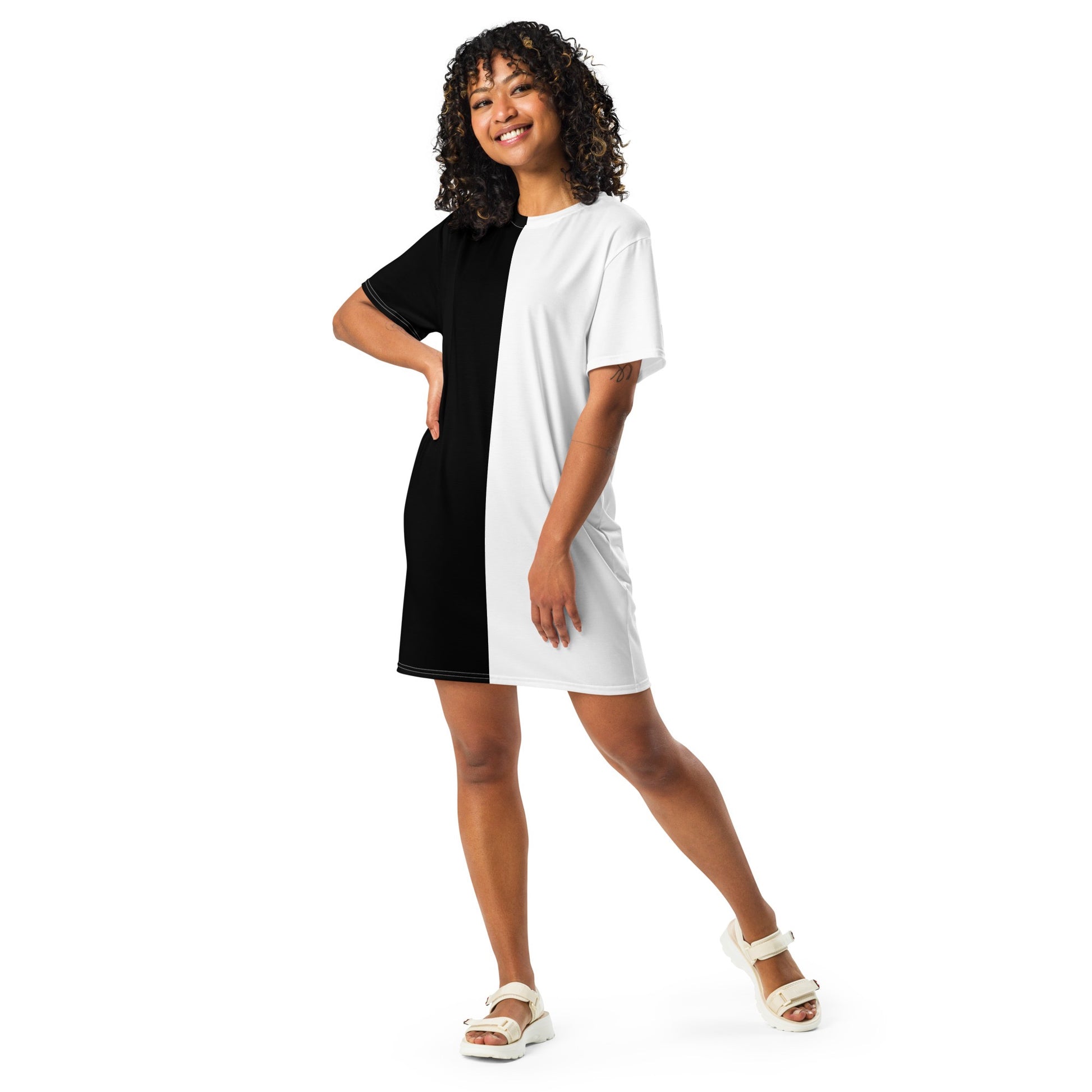 Half Black Half White - Womens T-Shirt Dress iSAW Company Half Black Half White - Womens T-Shirt Dress iSAW Company