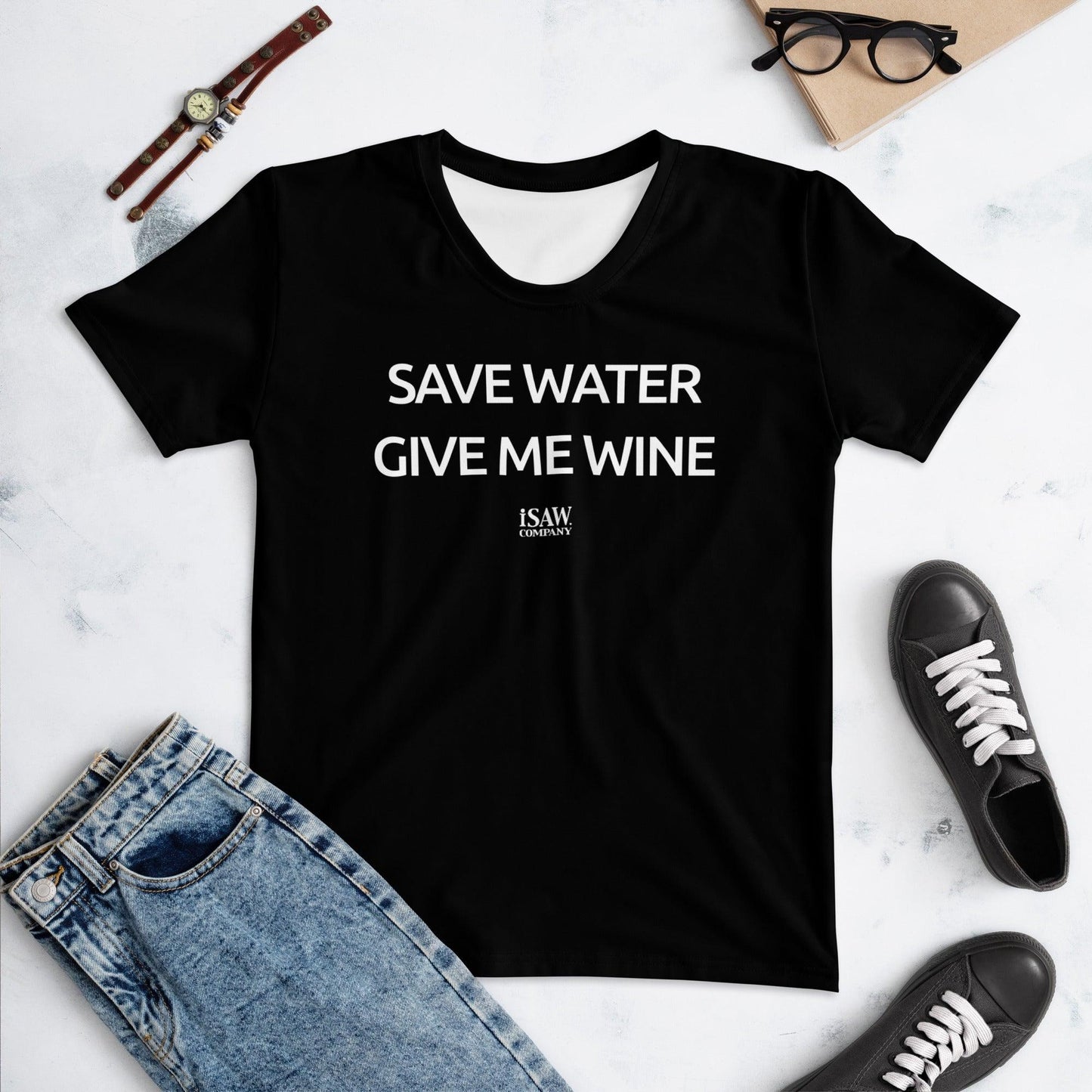Save Water Give Me Wine - Womens Black T-Shirt - iSAW Company